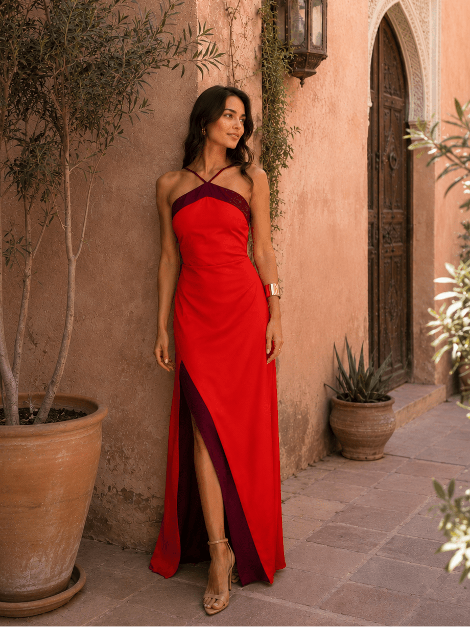 Elisa | Vestido largo de cuello halter con abertura