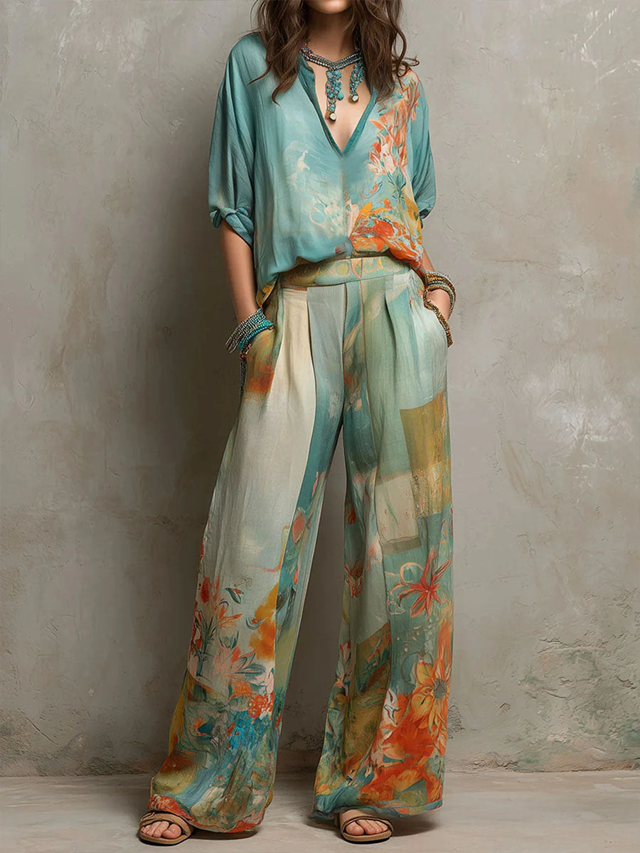 Chiara | Conjunto de Blusa Estampada y Pantalón Ancho